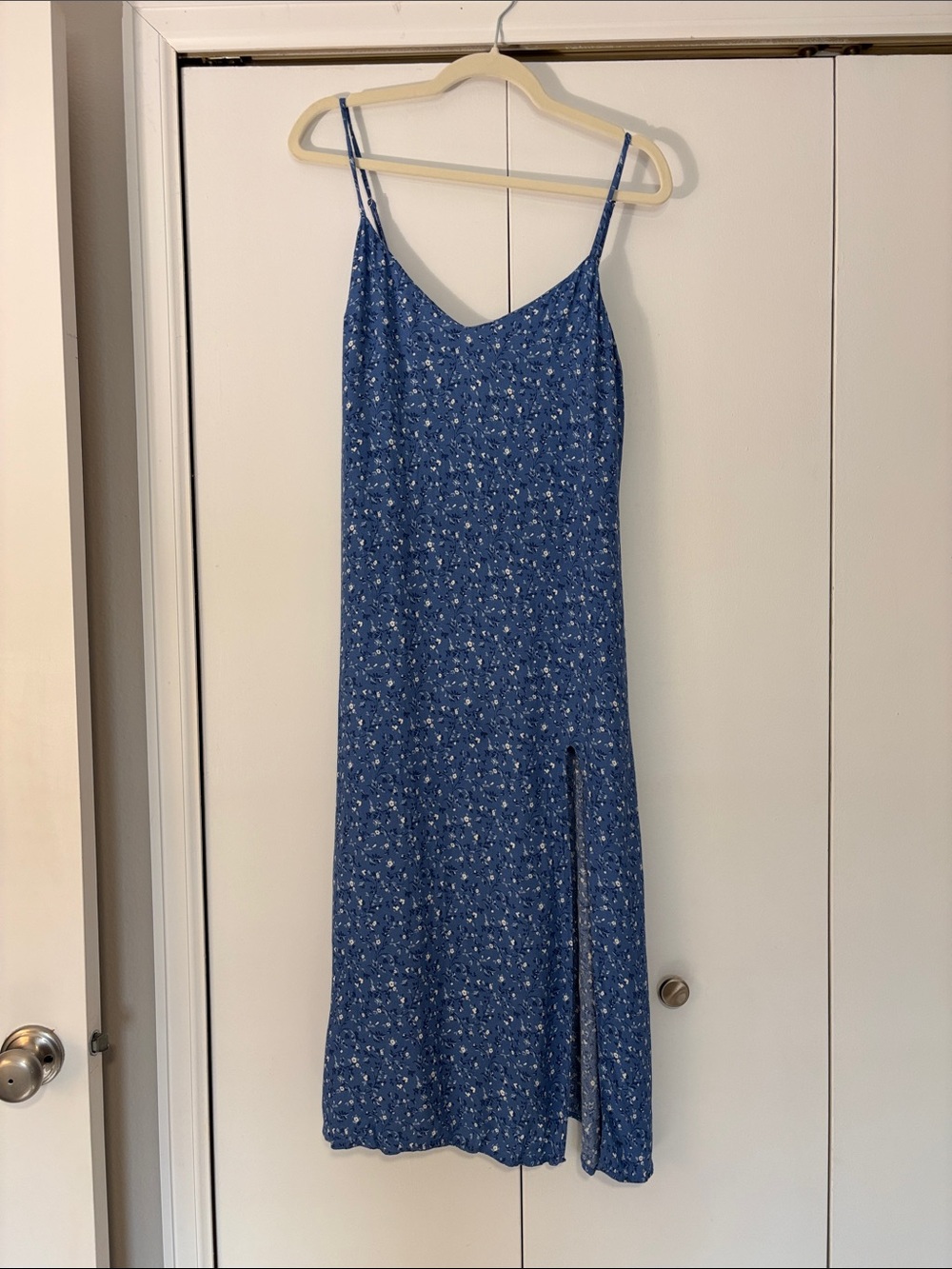 Reformation Blue Floral Slip Midi Dress with Side Slit